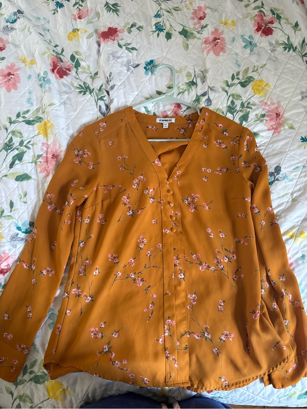 Express Women's Mustard Floral Button-Front V-Neck Blouse